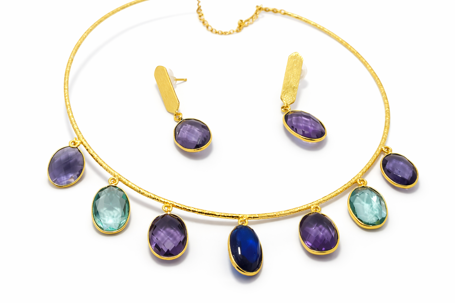 Emerald Drop Brass Necklace Set