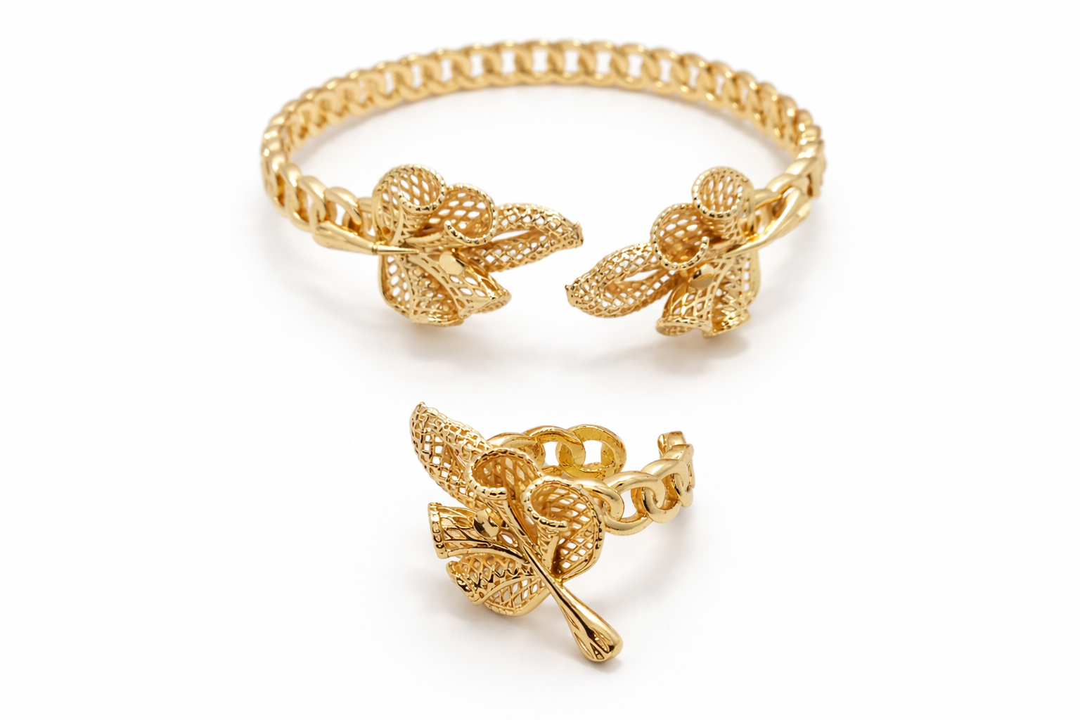 Floral Bloom Anti-Tarnish Gold Bracelet with Ring