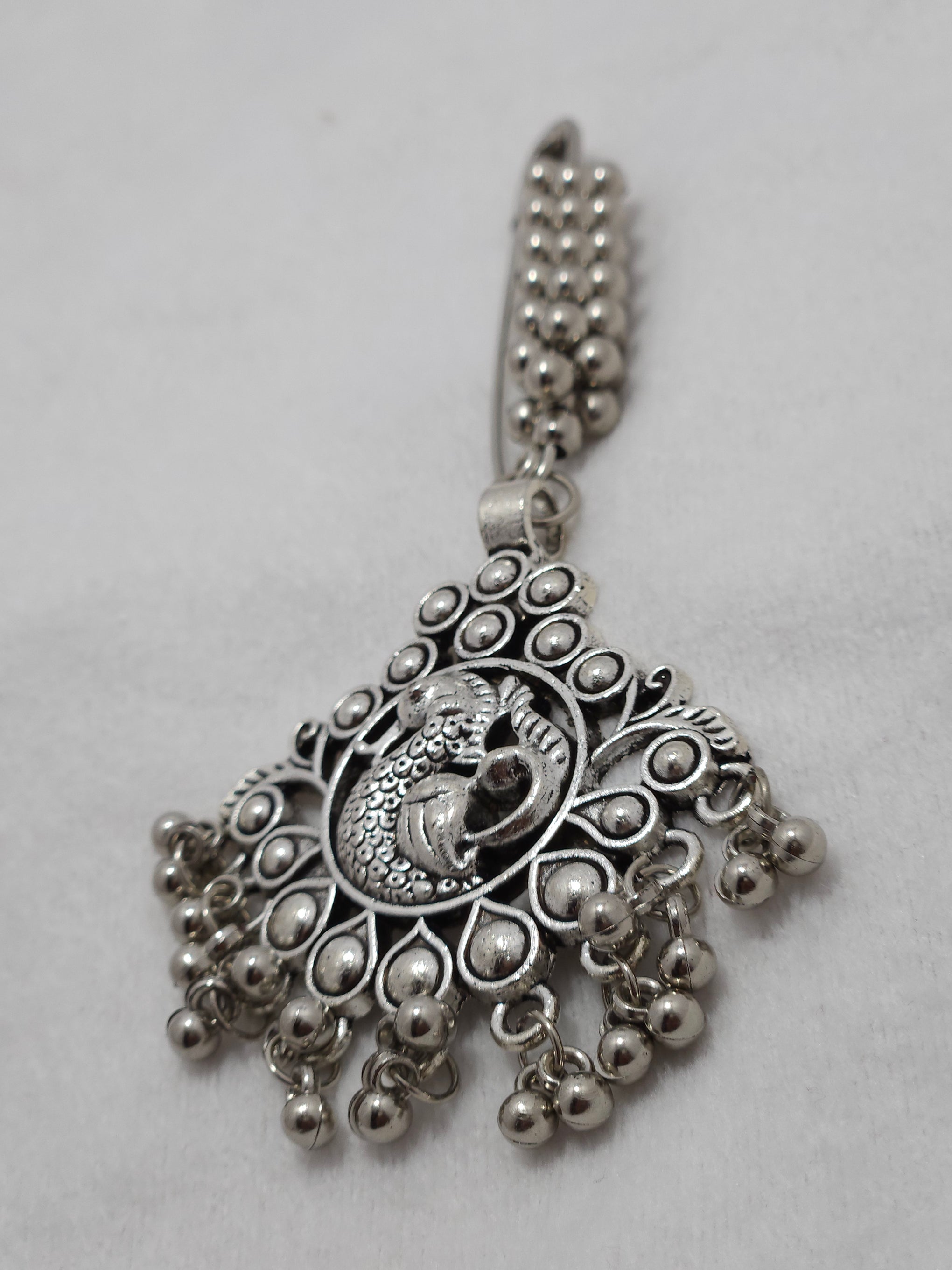 Oxidised Peacock Design Saree Pin with Ghungroo Drops