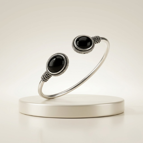 Midnight Oval Oxidised Stone Cuff Bracelet