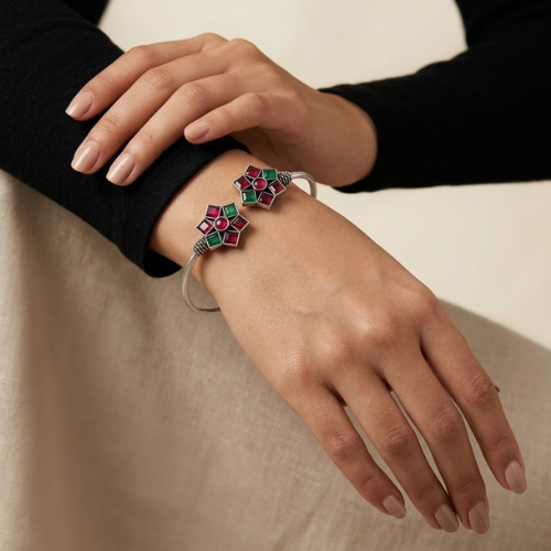 Heritage Bloom Oxidised Stone Cuff Bracelet
