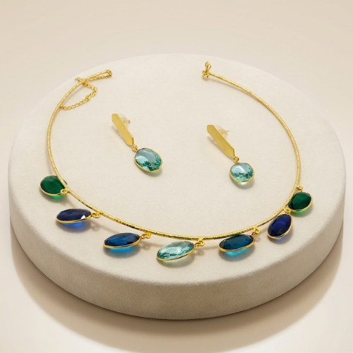 Emerald Drop Brass Necklace Set