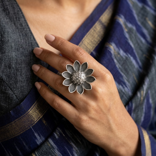 Vintage Sunflower Oxidised Statement Ring