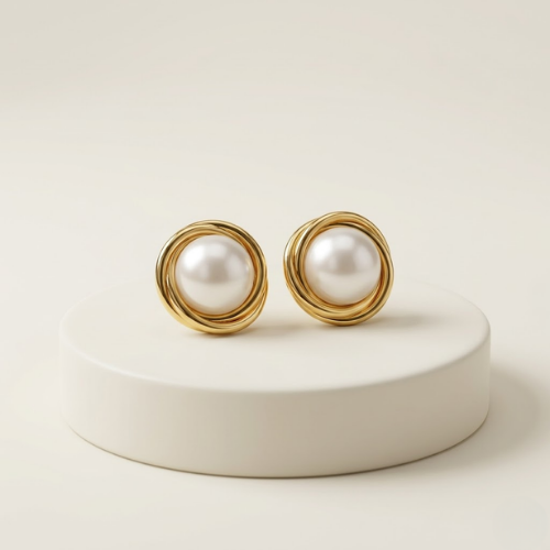 Classic Pearl Halo Anti-Tarnish Gold Stud Earrings