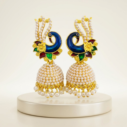 Meenakari Peacock Pearl Jhumka Earrings