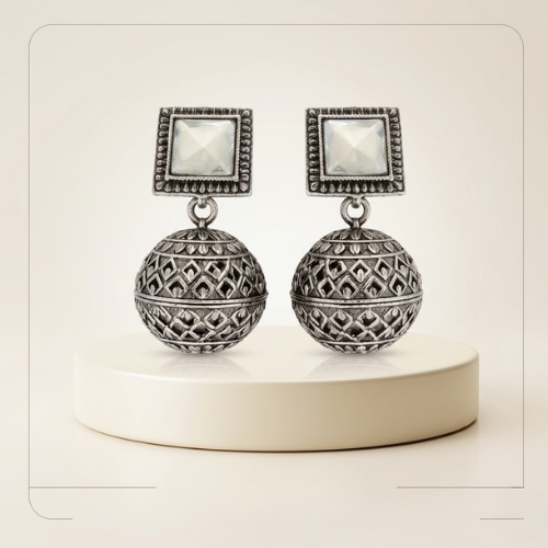 Moonstone Glow Oxidised Dome Earrings