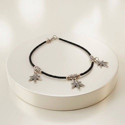 Black Beaded Charm Anklet (Payal) – Oxidised Silver Finish