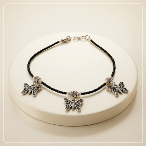 Black Beaded Butterfly Charm Anklet (Payal) – Oxidised Silver Finish