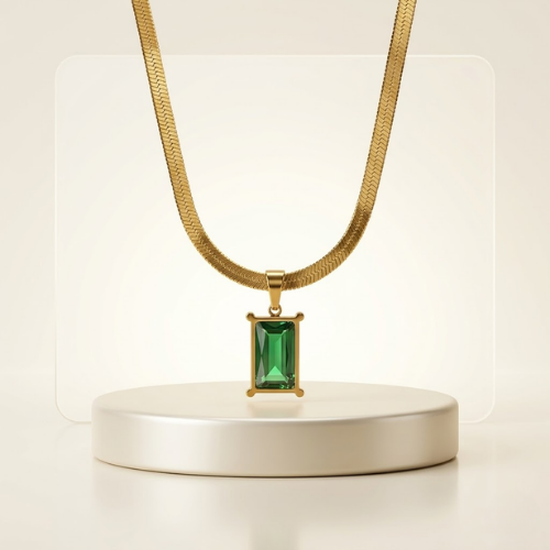 Anti-Tarnish Emerald Pendant Snake Chain Necklace