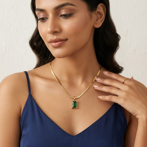 Anti-Tarnish Emerald Pendant Snake Chain Necklace