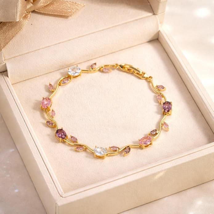 Pastel Crystal Vine Bracelet – Gold-Tone Floral Charm Bracelet
