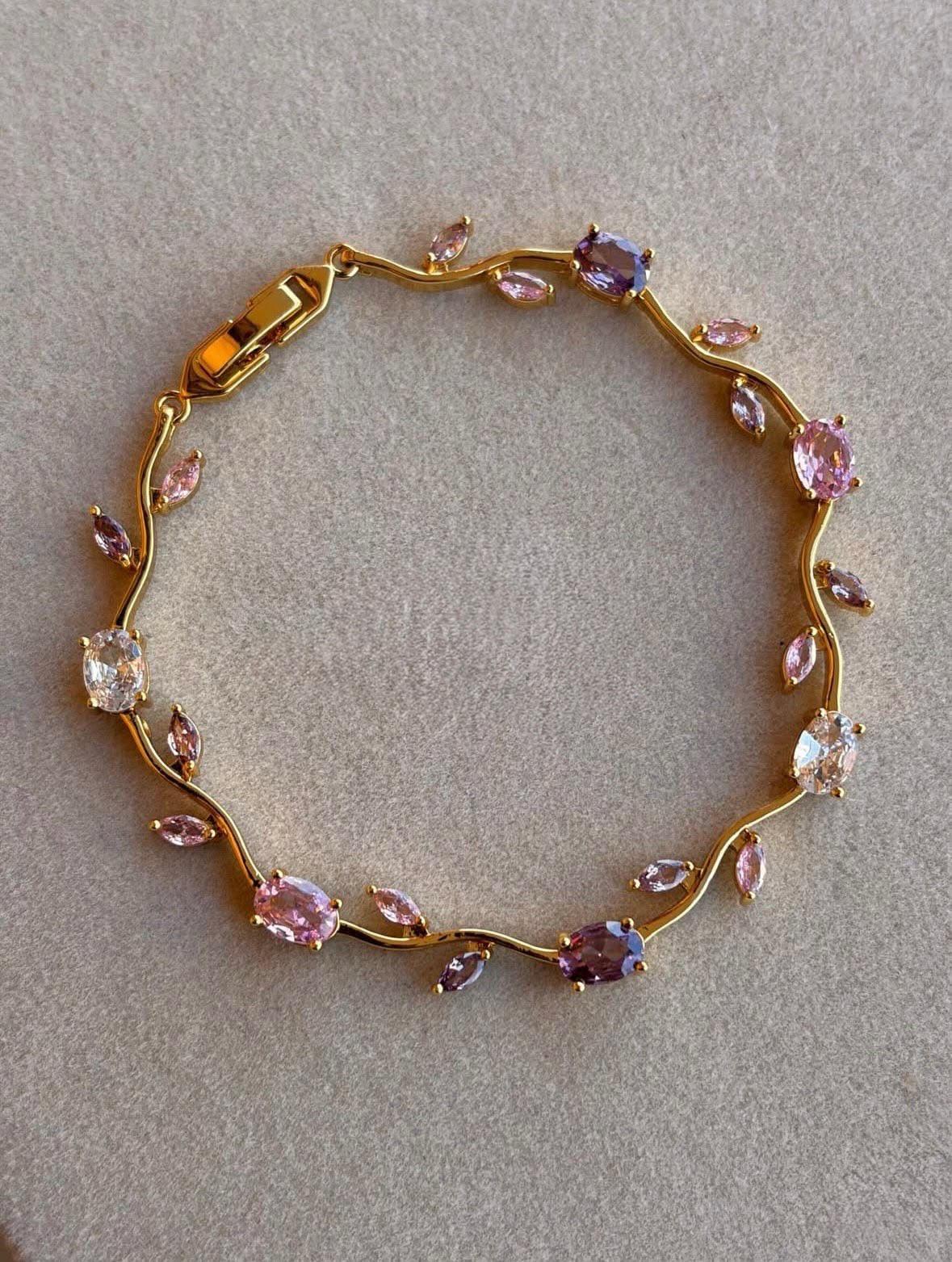 Pastel Crystal Vine Bracelet – Gold-Tone Floral Charm Bracelet