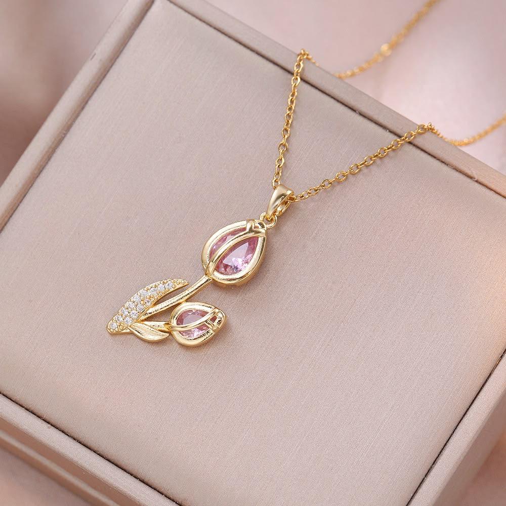 Pink Crystal Tulip Pendant Necklace – Gold-Tone Floral Designer Necklace