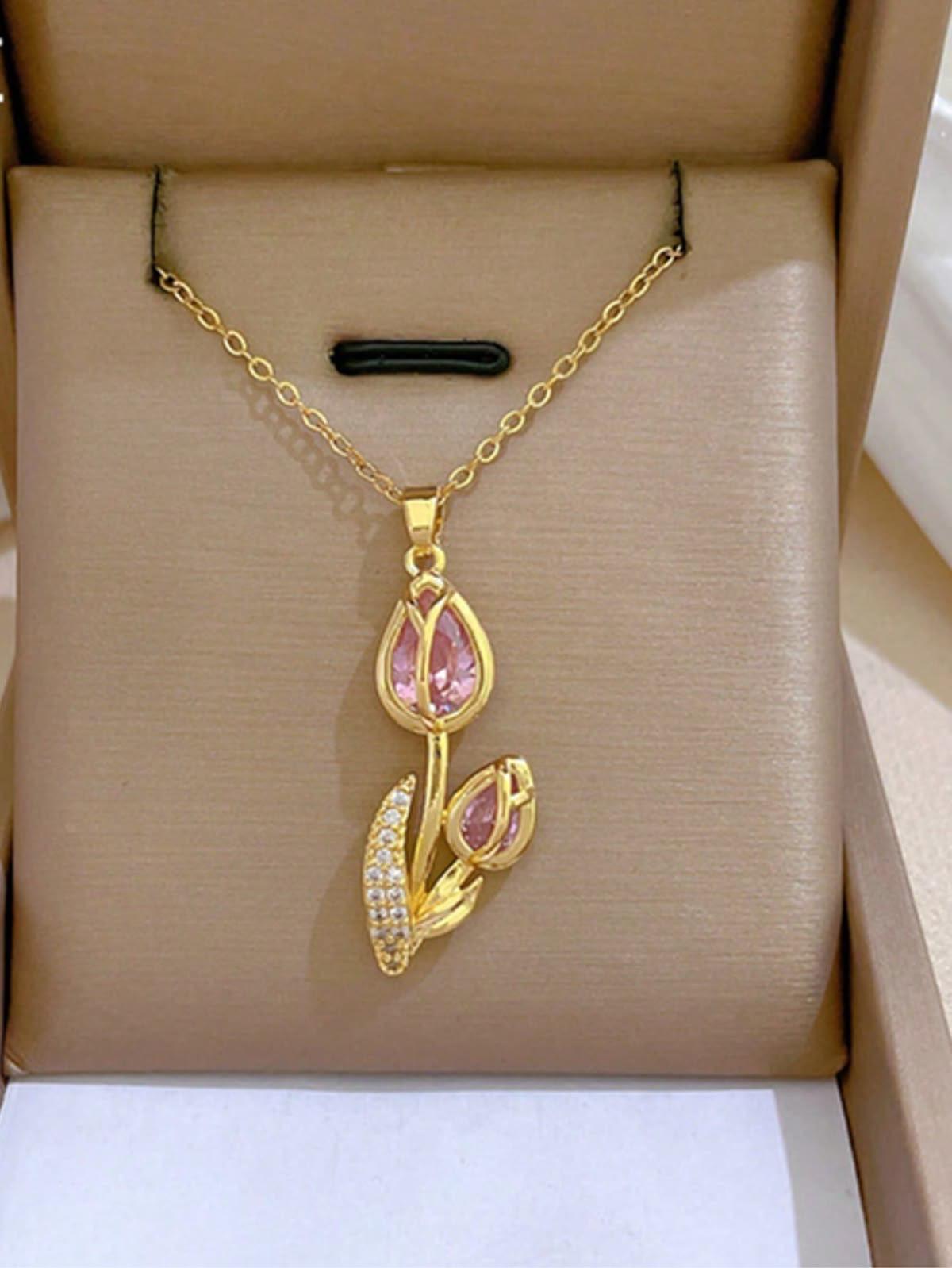 Pink Crystal Tulip Pendant Necklace – Gold-Tone Floral Designer Necklace