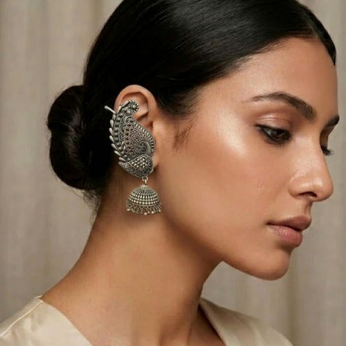 Peacock Grace Oxidised Jhumka Earrings