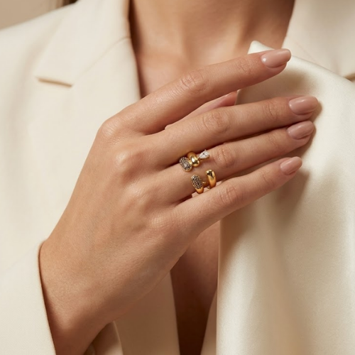 Anti-Tarnish Open Cuff Crystal Accent Ring
