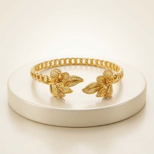 Floral Bloom Anti-Tarnish Gold Bracelet with Ring