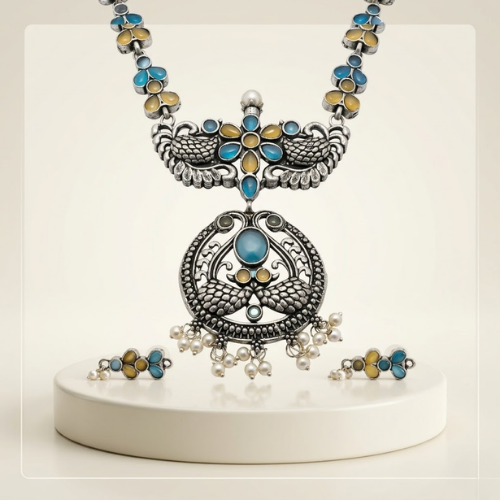 Peacock Bloom Oxidised Necklace Set