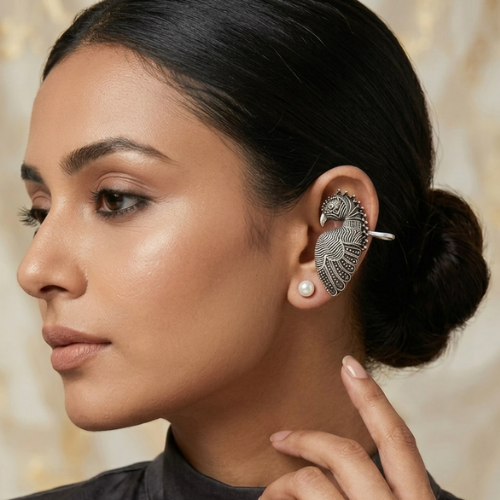 Royal Peacock Oxidised Drop Earcuffs