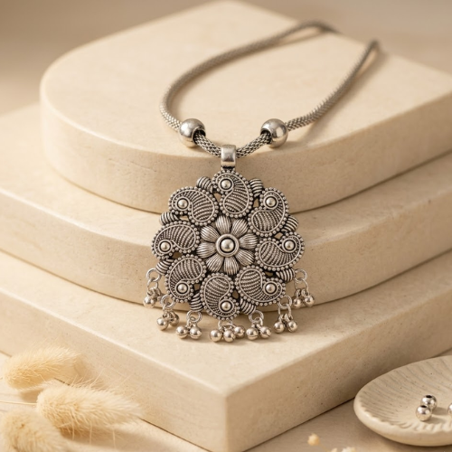 Oxidised Floral Statement Pendant Necklace